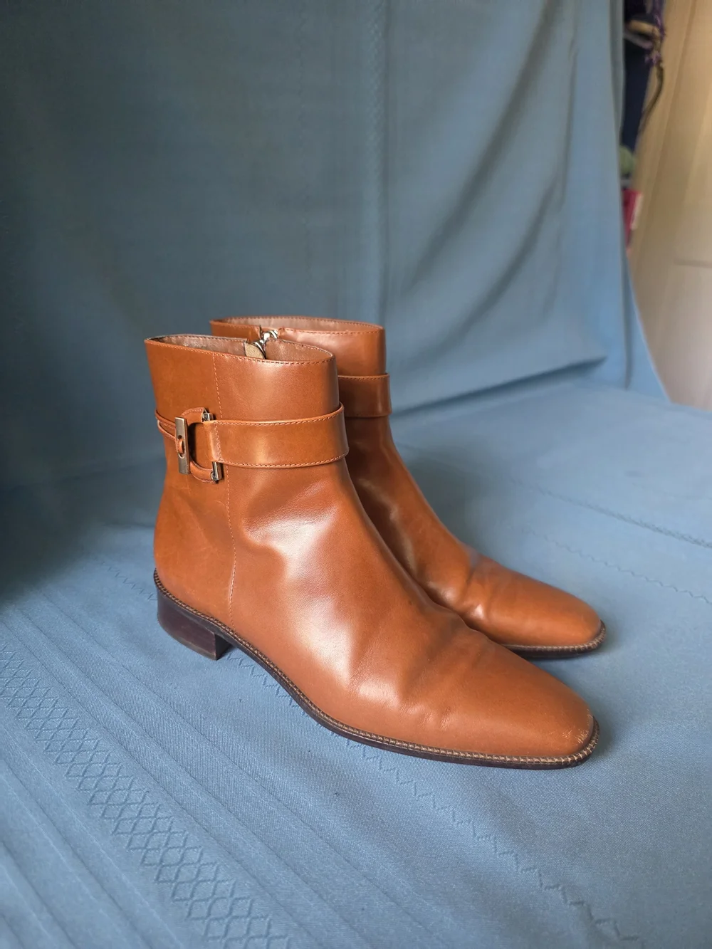Talbots Women’s Tan Leather Almond‑Toe Ankle Boots Buckle Strap – Size 7B